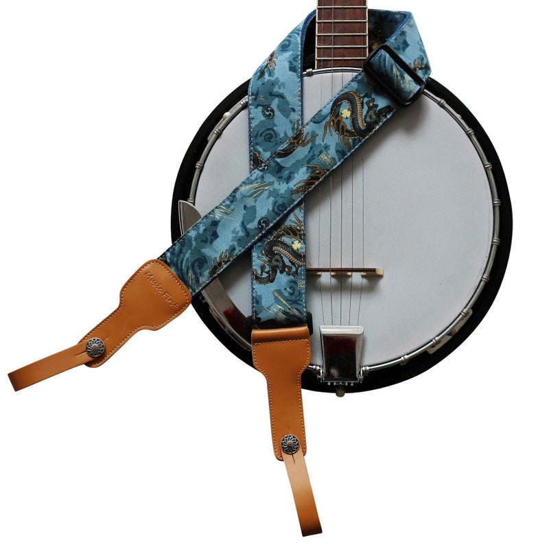 MUSIC FIRST Original Design, 2 inch width (5cm), Ukiyoe Style â€œThe Dragon Kingâ€ Soft Muslin & Genuine Leather Delux Banjo Strap, With 2 pieces of MUSIC FIRST Leather Strap Locker. (The Dragon King) - Image 1
